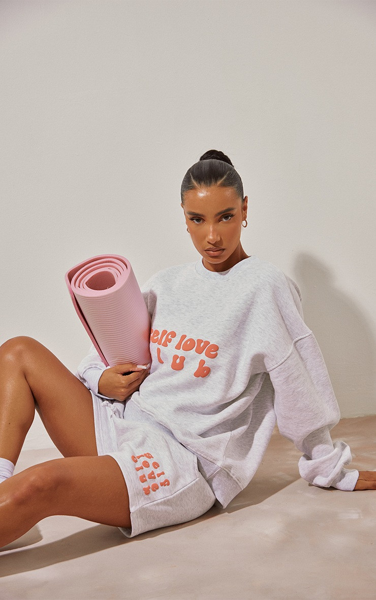 Ash Grey Self Love Club Puff Oversized Sweatshirt | PrettyLittleThing US