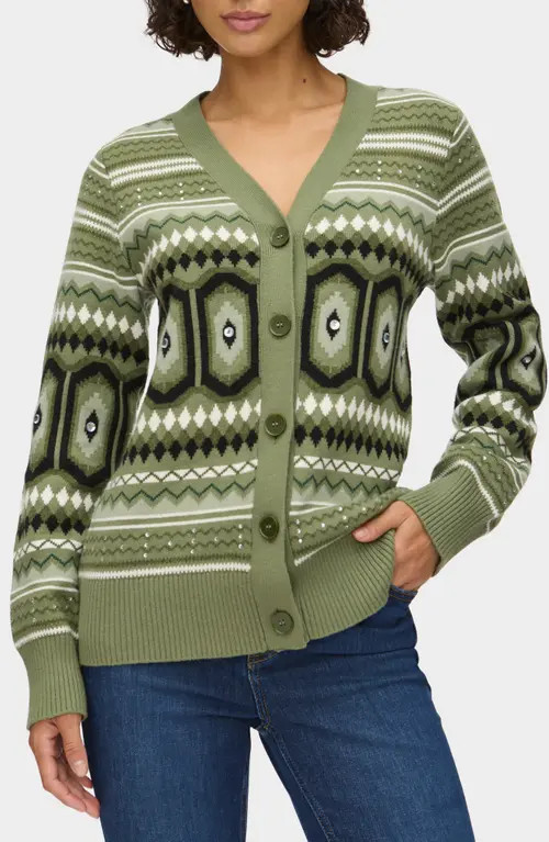 ALIGNE Federika Embellished Fair Isle Cotton & Wool Blend Cardigan in Green at Nordstrom, Size 0 | Nordstrom