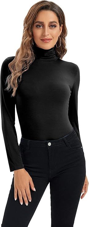 HoneyEcho Womens Long Sleeve Turtleneck Tops Soft Stretchy Fitted Base Layer Shirt | Amazon (US)