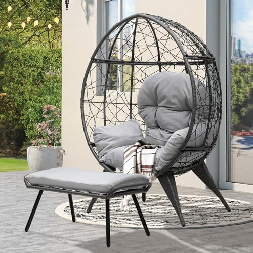 YITAHOME Egg Chair with Ottoman Outdoor Egg Lounge Chair with Cushion Wicker Chair PE Rattan Chair Footrest Included for Patio, Garden, Backyard, Porch, Gray | Amazon (US)