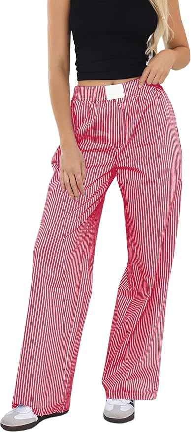 Women Elastic Waist Striped Pants Y2K Wide Leg Striped Print Trousers Low Waist Striped Lounge Pa... | Amazon (US)