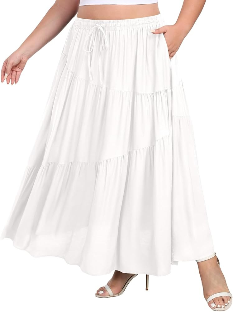 Moon Wood Plus Size Boho Maxi Skirts for Women Long Flowy High Waisted Tiered A-Line Skirt with P... | Amazon (US)