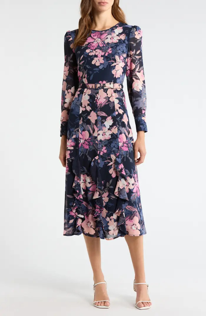 Floral Belted Ruffle Hem Midi Dress | Nordstrom