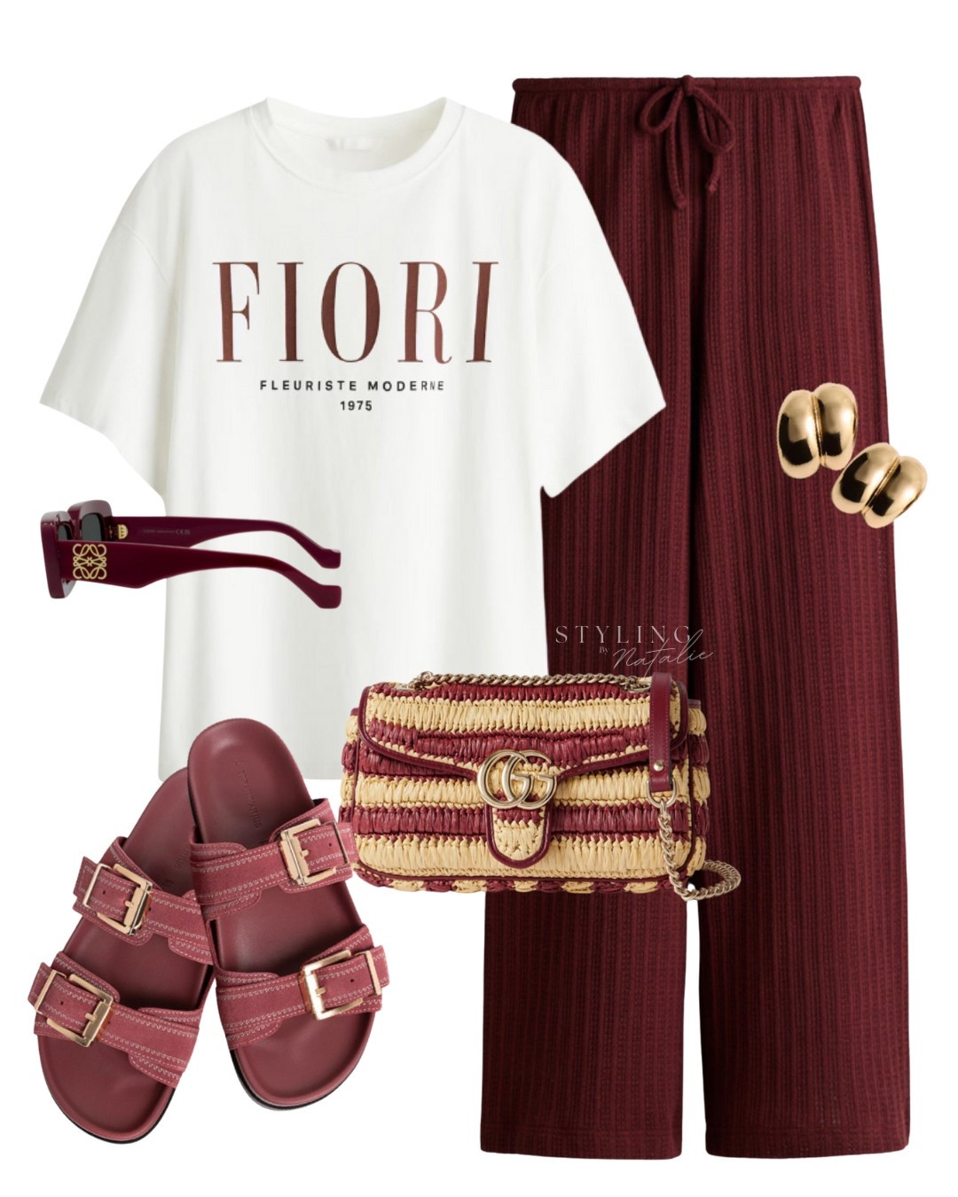 Comfy casual summer outfit in burgundy.
Graphic t-shirt, burgundy knit trousers, Gucci striped raffia bag, burgundy sandals, gold earrings & Loewe sunglasses.
Everyday outfit, summer outfit, holiday look, vacation style, laid back chic, H&M outfit, high street, casual style.  

#LTKsummer #LTKstyletip #LTKspring
