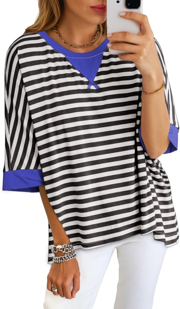 Dokotoo Tops for Women Striped 2026 Fashion T Shirts for Women Color Block Crewneck Design Loose ... | Amazon (US)