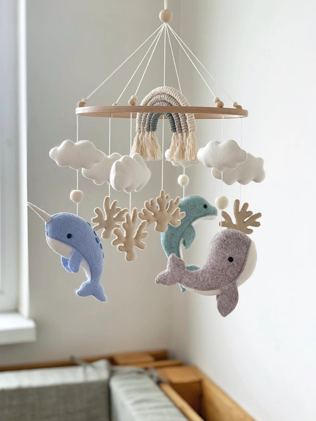 Whale Baby Mobile Nautical Nursery Decor Ocean Dolphin Sea Narwhal Rainbow Hanging Crib Mobile Ba... | Etsy (US)