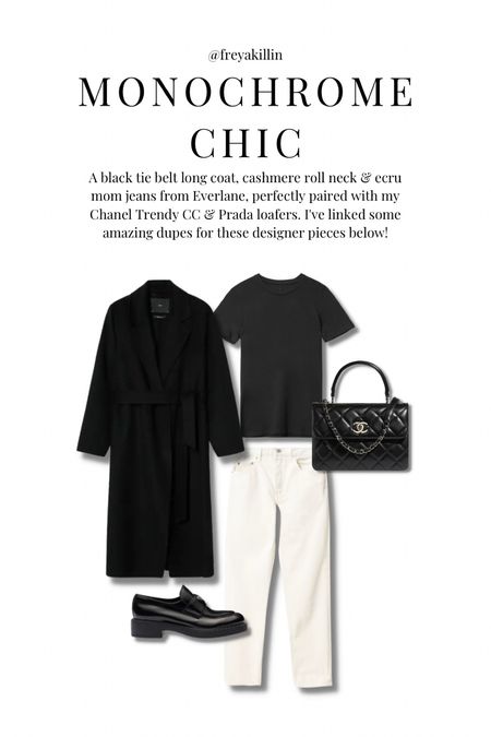A black tie belt long coat, cashmere roll neck & ecru mom jeans from Everlane, perfectly paired with my Chanel Trendy CC & Prada loafers. I've linked some amazing dupes for these designer pieces below! 

#LTKstyletip #LTKitbag #LTKshoecrush