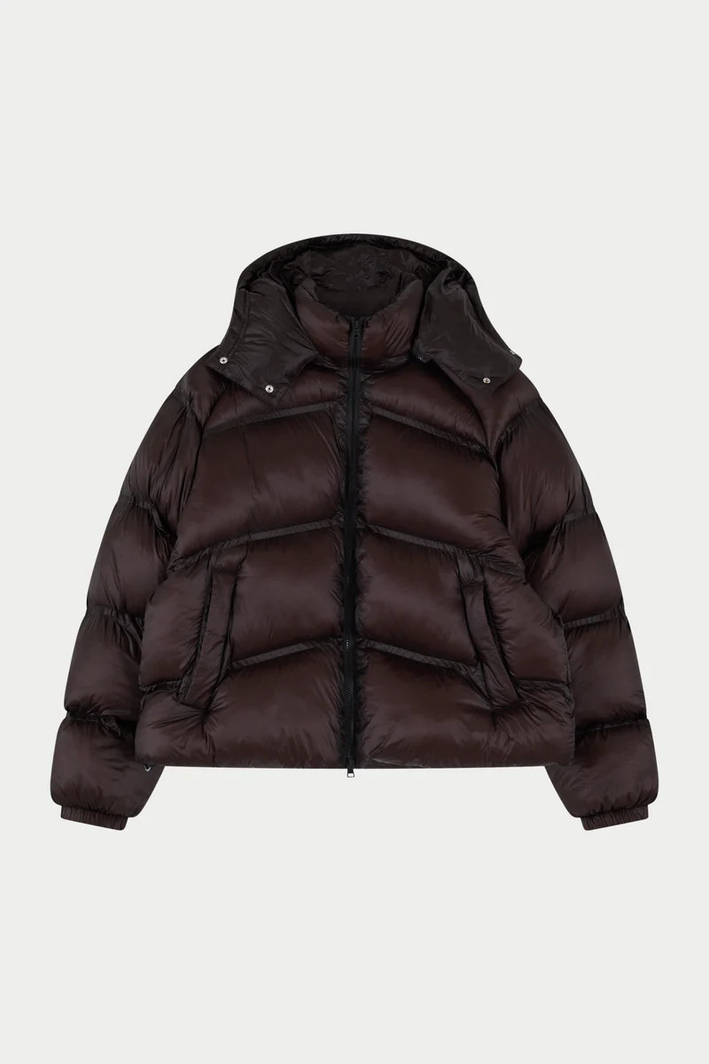 TRANSLUCENT HOODED PUFFER - BROWN | The Couture Club