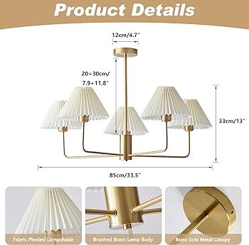 KCO Lighting 5-Lights White Pleated Fabric Pendant Light Mid Century Modern Brushed Gold Sputnik ... | Amazon (US)