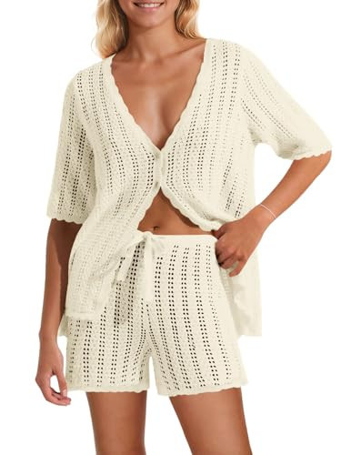 Saodimallsu Women Crochet 2 Piece Swimsuit Cover Up Short Sleeve Knit Tops Shorts Sets Summer Beach Vacation Outfit Beige | Amazon (US)