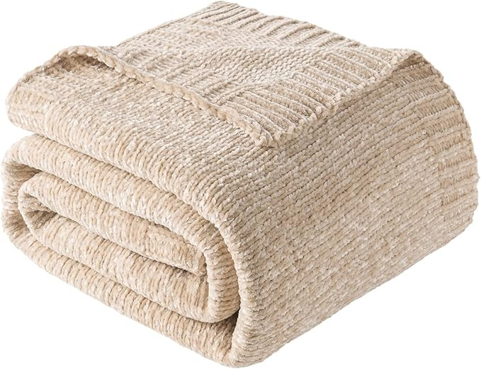 BATTILO HOME Knit Chenille Throw Blanket for Couch, Cozy Beige Throw Blankets for Home Decor,Ligh... | Amazon (US)