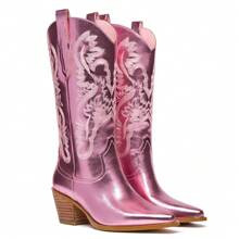 Pink Western Cowboy Boots For Women Mid Calf Cowgirl Boots With Classic Floral Embroidered Slip On Pointed Toe Chunky Heel Fashion Retro Wide Calf Cla | SHEIN