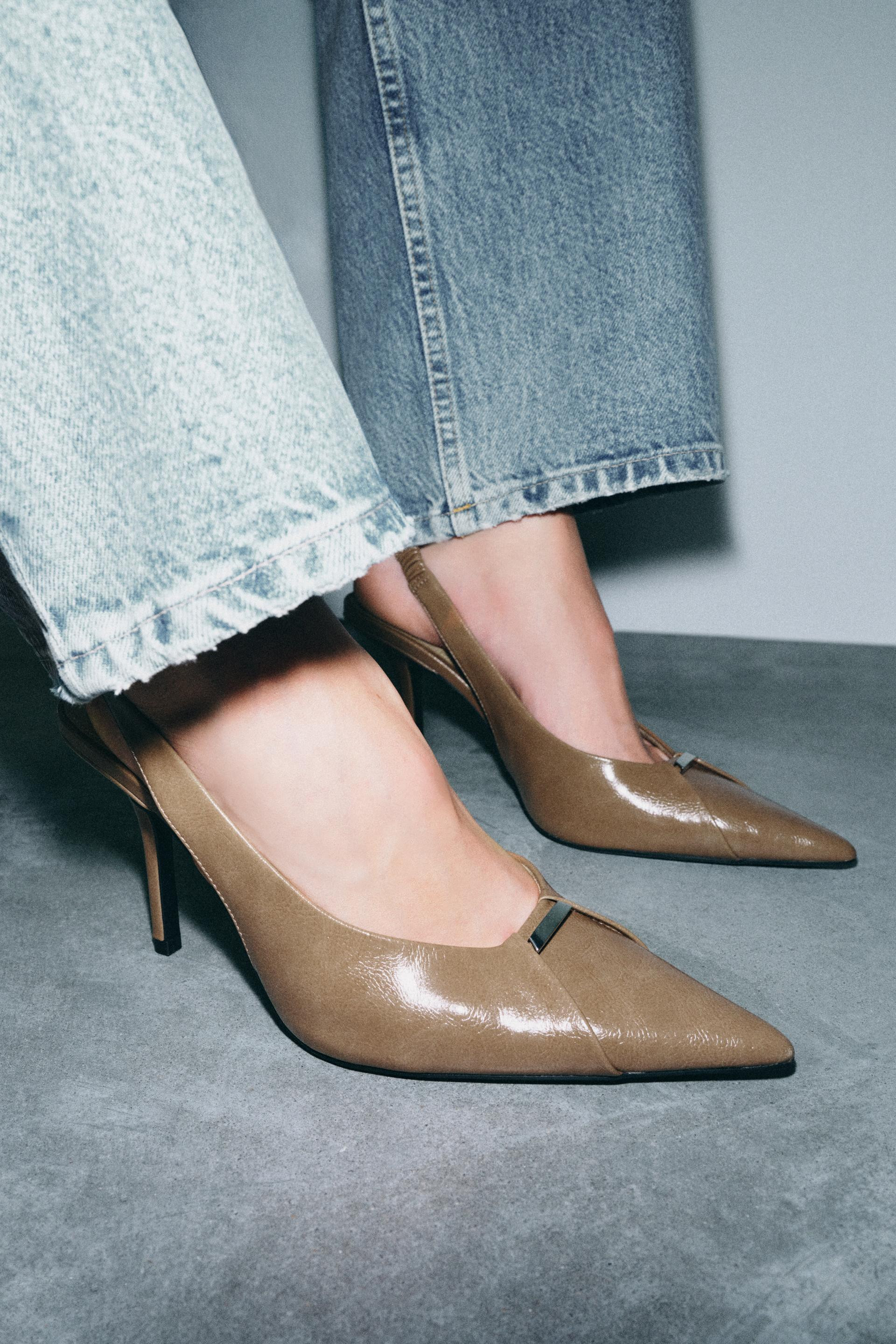 Zara - Patent Heeled Slingback Shoes With Metallic Detail - Taupe Gray - 11 - Woman | Zara US