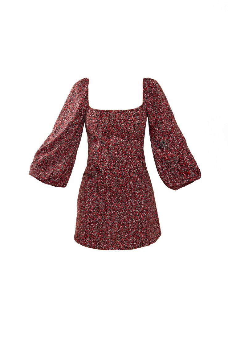 Red Ditsy Print Square Neck Puff Sleeve Shift Dress | Pretty Little Thing (Australia & New Zealand)