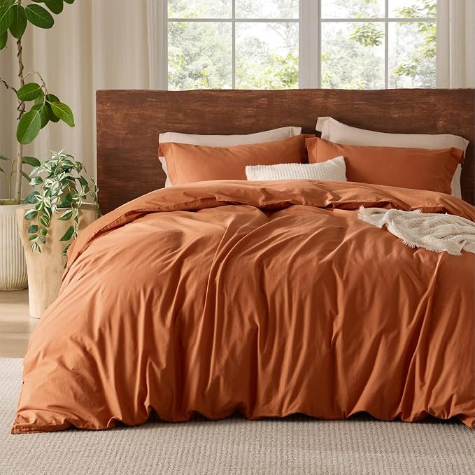 Bedsure 100% Washed Cotton Duvet Cover Queen Size - Burnt Orange Minimalist Cotton Duvet Cover Li... | Amazon (US)