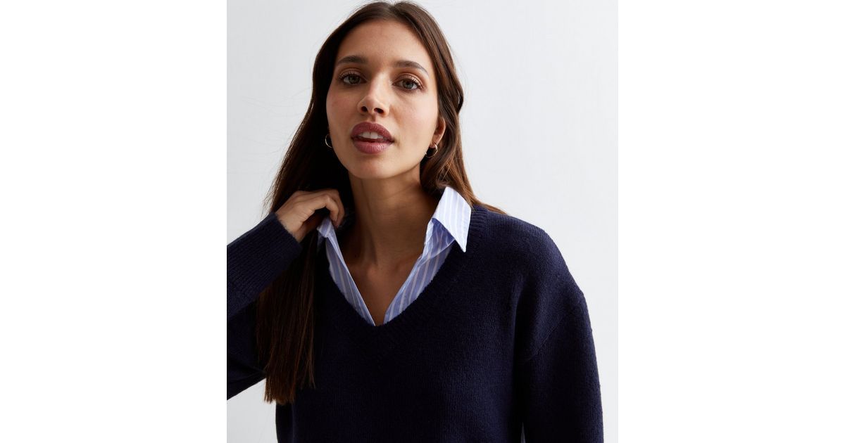 Blue Stripe Knit 2-in-1 Shirt Jumper | New Look | New Look (UK)