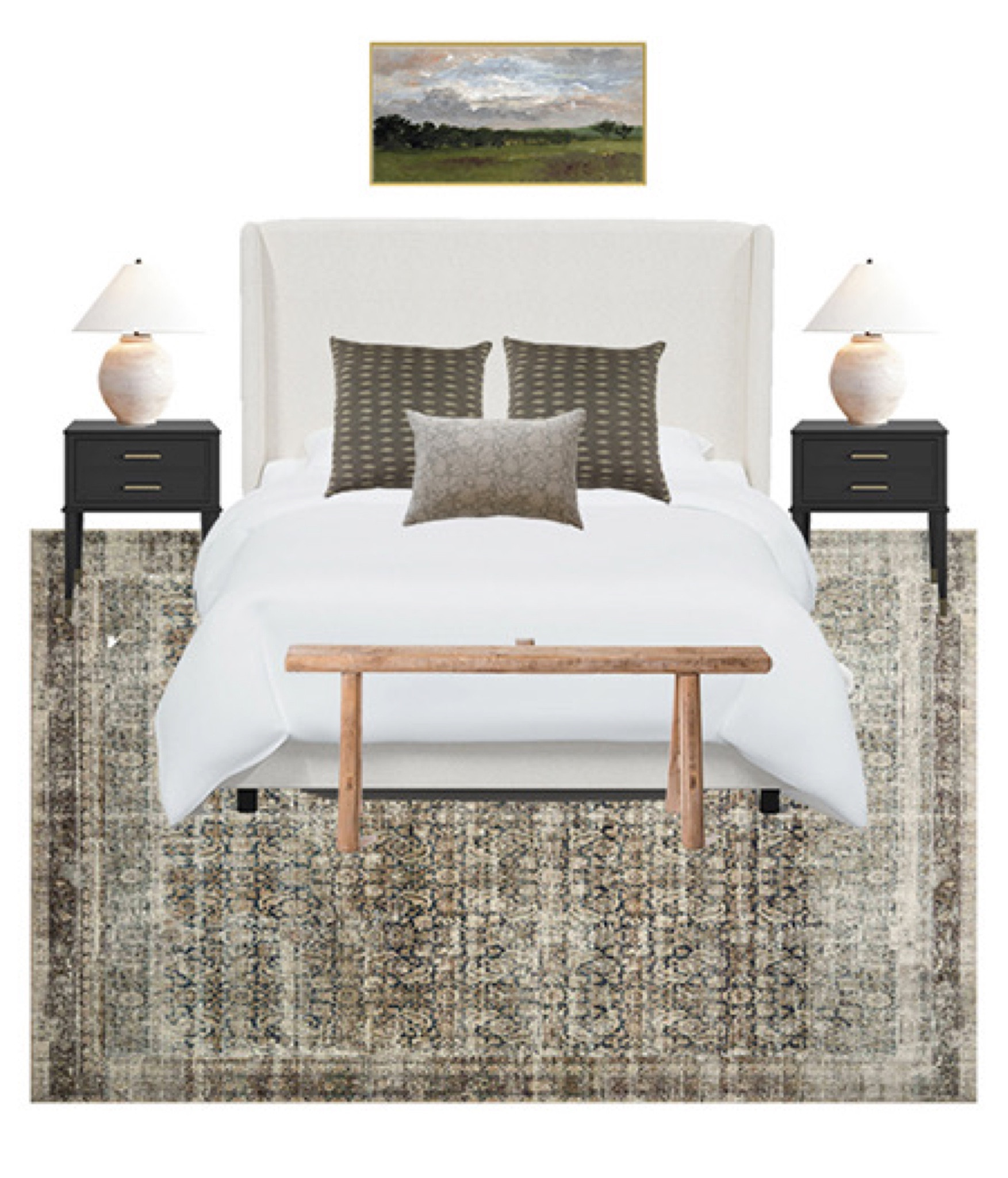 Neutral Bedroom Design // Neutral Bedroom Inspiration // Neutral Bedroom Design Board // Bedroom Art // Moody Landscape Art 
Art is called ‘Southern Fields” from www.DebPresutto.com

#LTKSale #LTKFind #LTKhome