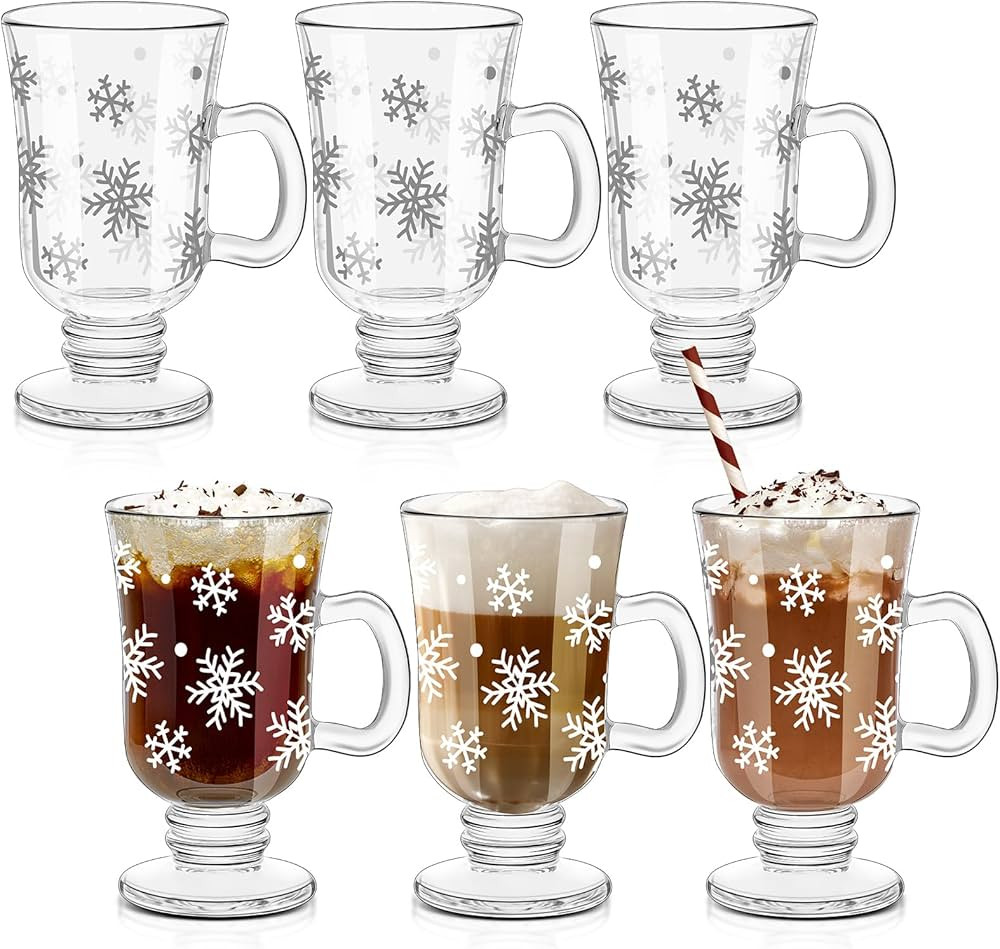 Sliner Set of 6 Christmas Snowflake Glass Coffee Mugs with Handle, 8 oz Clear Irish Footed Coffee... | Amazon (CA)