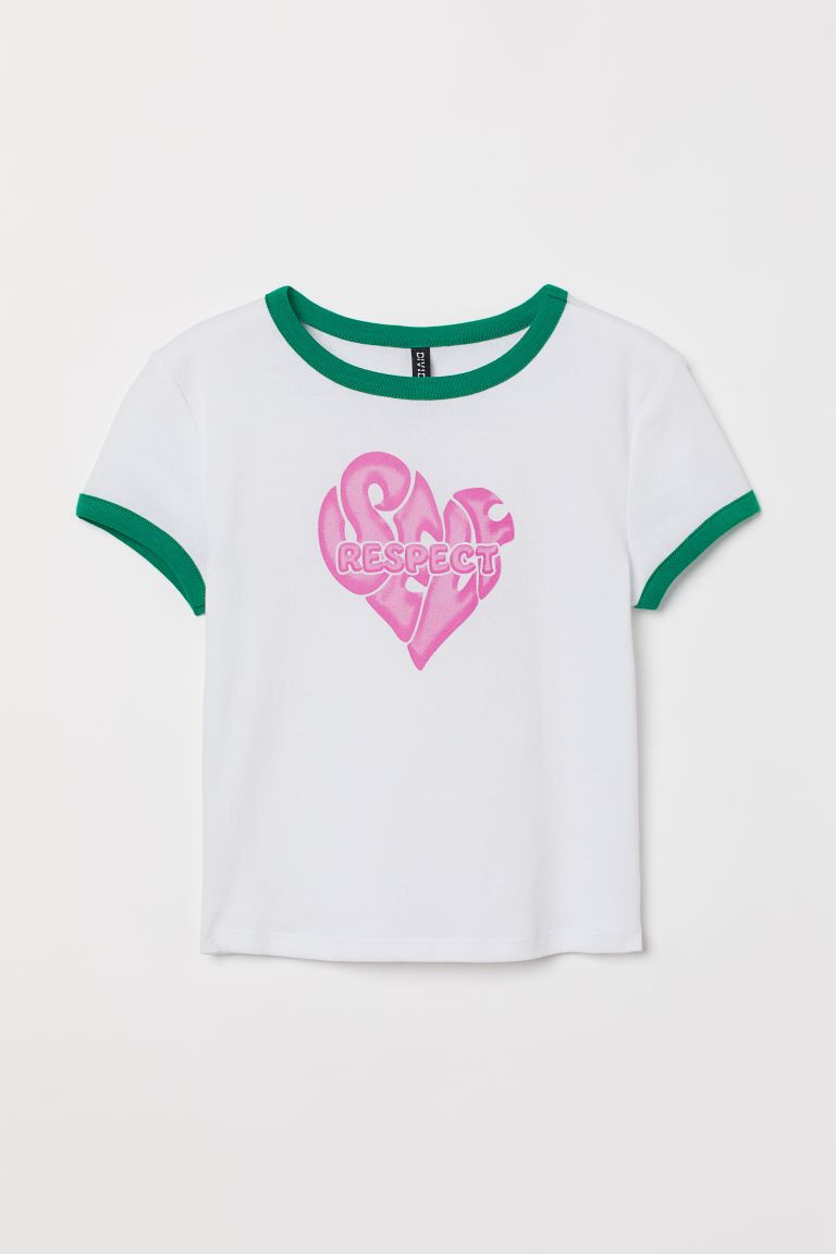 Short Printed Top - White/Self Respect - Ladies | H&M US | H&M (US + CA)