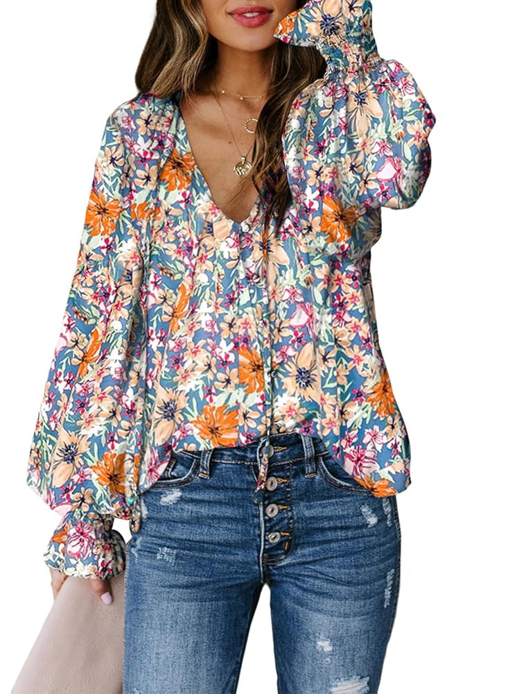 Biucly Women's Casual Boho Floral Print V Neck Long Sleeve Drawstring Tops Loose Blouses Button D... | Amazon (US)