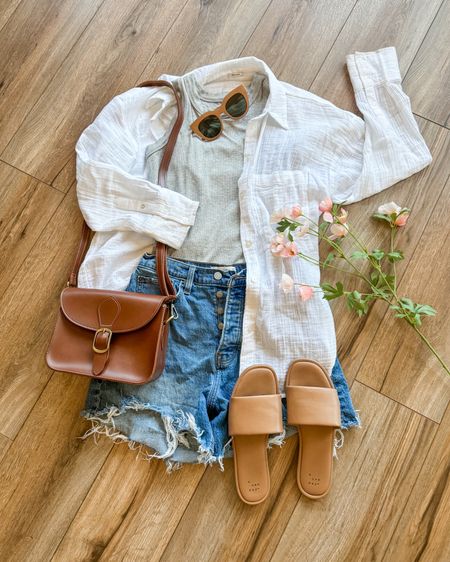 Casual outfit. Summer outfits. Denim shorts. Every day tank top. Linen button-down top. Sandals. Every day outfits. Travel outfit. Vacation outfit.

#LTKSaleAlert #LTKSeasonal #LTKTravel