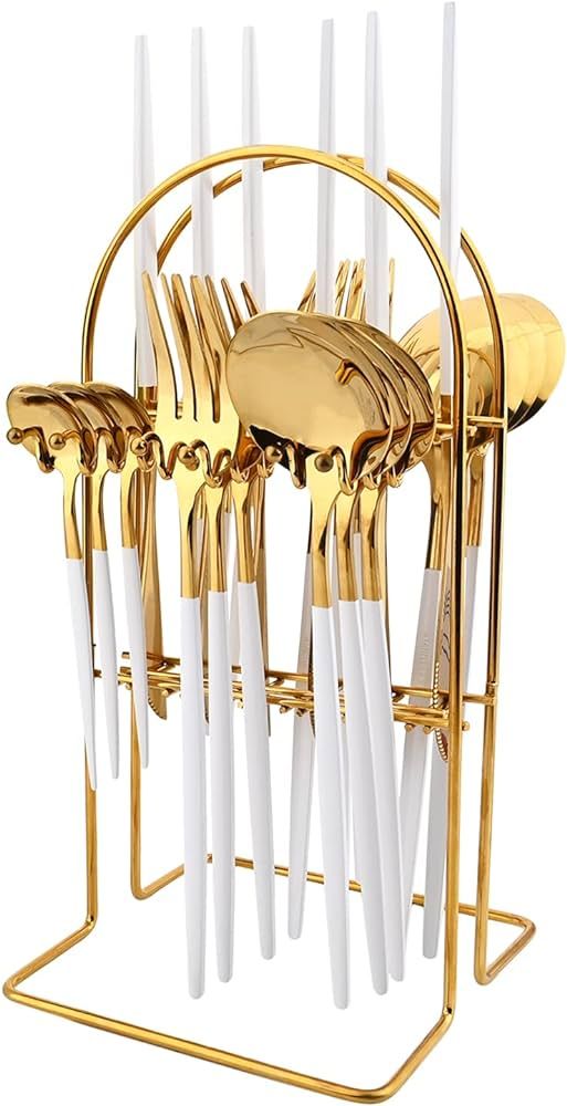 White Gold 24Pcs Flatware Set With Stand, Lightweight Dinnerware Set Stainless Steel Cutlery With... | Amazon (US)