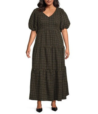 Sugarlips Plus Carrol Zaylee Tweed May V-Neck Short Sleeve Tiered Midi Dress | Dillard's | Dillard's