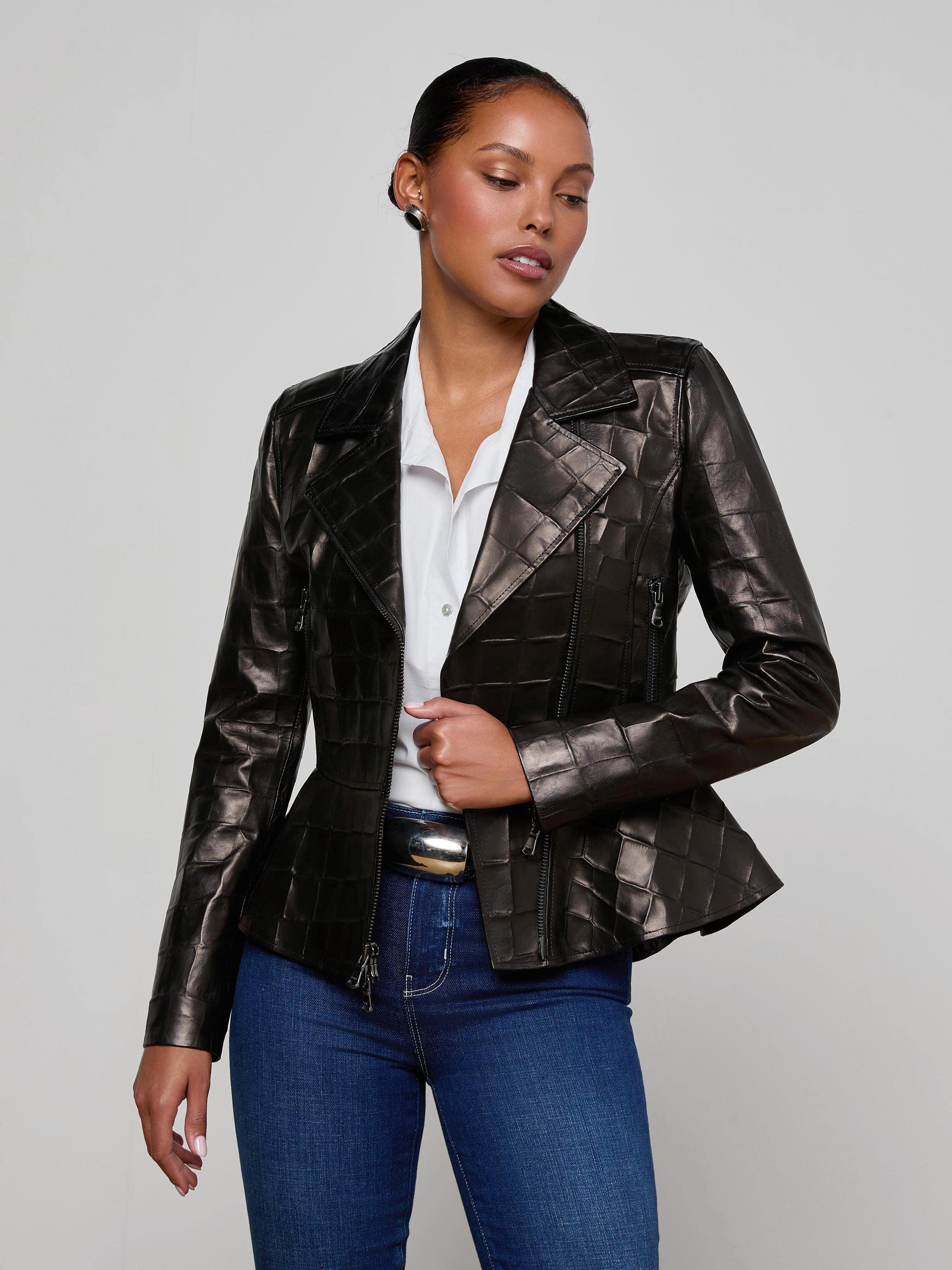 Lyric Leather Peplum Jacket in Black | L'AGENCE | L'Agence