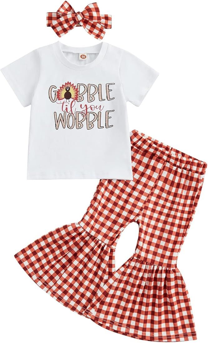 Toddler Baby Girl Bell Bottoms Thanskgiving Outfit Pumpkin Pies Letter Print Short Sleeve T-Shirt To | Amazon (US)