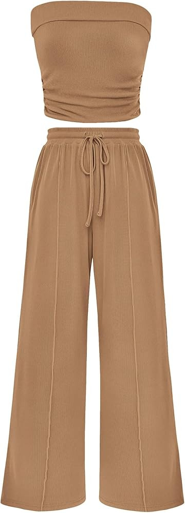 PRETTYGARDEN Womens Summer Outfits 2 Piece Sets Casual Ribbed Knit Crop Tube Top Wide Leg Pants S... | Amazon (US)