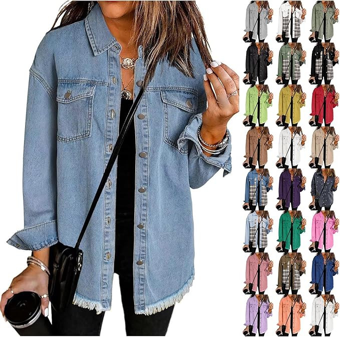 Women's Oversized Denim Jacket Distressed Frayed Hem Jean Jackets Casual Button Down Denim Shirts... | Amazon (US)