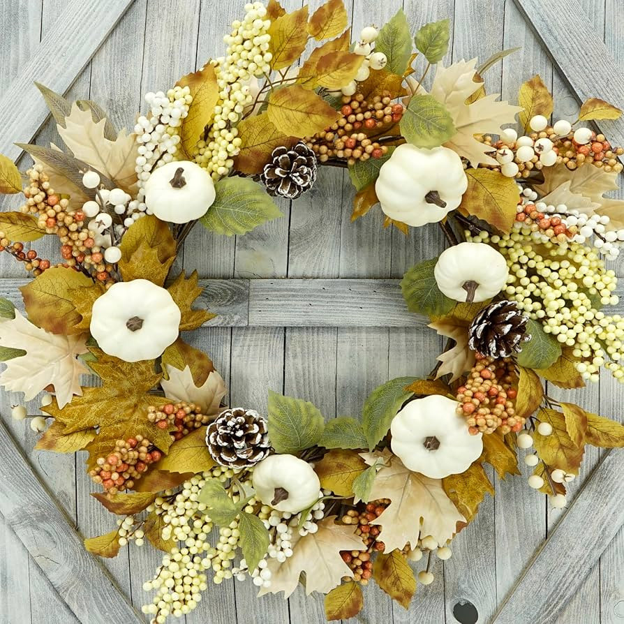 22’’ Artificial Fall Wreath Autumn Door Wreath with Pumpkin,Maple Leaf,Ivy Leaf,Colorful Berr... | Amazon (US)