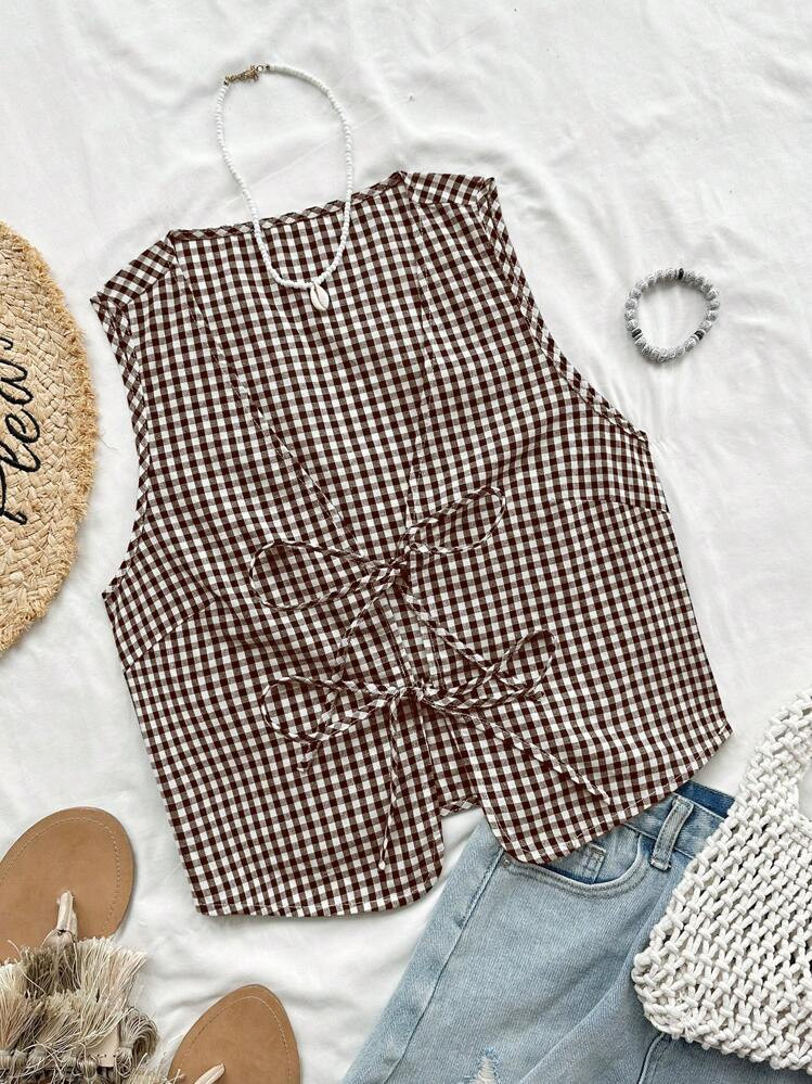 SHEIN WYWH Black & White Plaid V-Neck Bow Tie Sleeveless Casual Vacation Blouse For Women | SHEIN