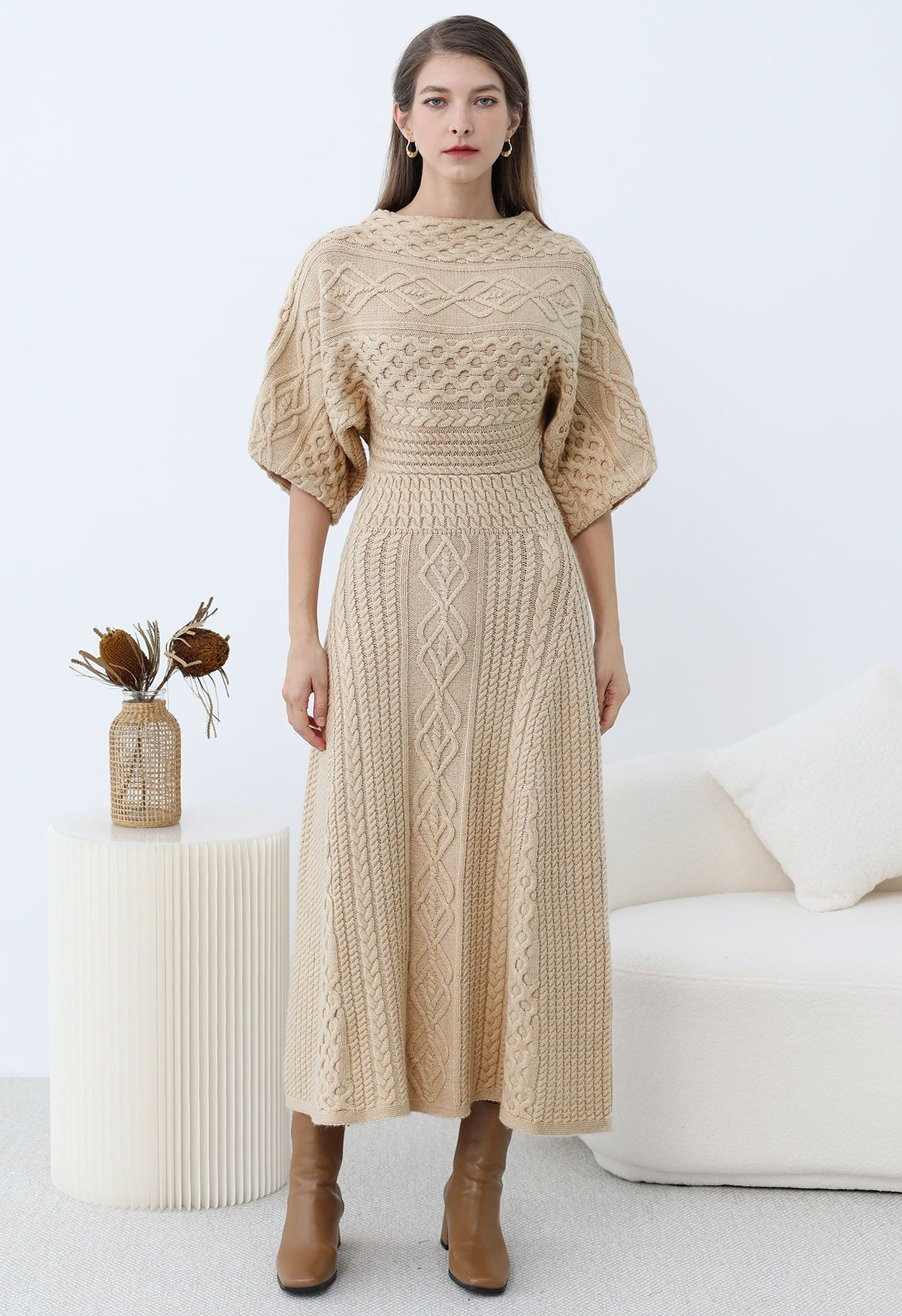 Artisanal Charm Boat Neck Cable Knit Dress | Chicwish