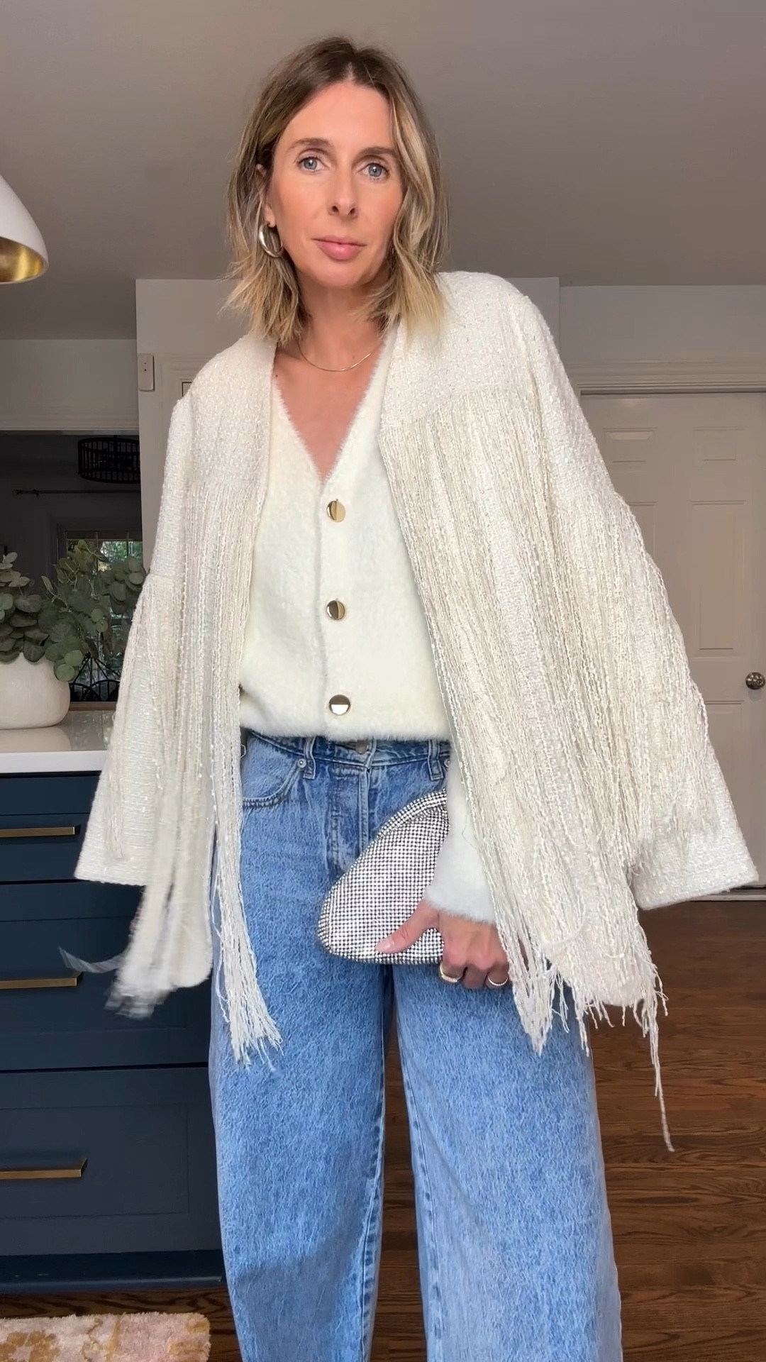 couldn’t love this fringe jacket more!! we’re going to wear it all through the festive season (with jeans, dresses, skirts) AND in the summer too! wearing a jacket like this is the easiest way to elevate your look. 🤍

**come find me on insta @houseofmagpye for the link to jacket + shoes** jeans (size 4) and cardigan (wearing the large)  are both target and linked here. ✨

#LTKParties #LTKOver40 #LTKHoliday
