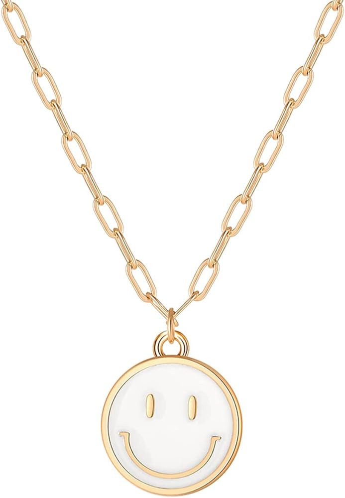 Smile Pendant Necklace Smile Face Chain Necklace Paperclip Necklace Cute Round Pendant Necklace P... | Amazon (US)