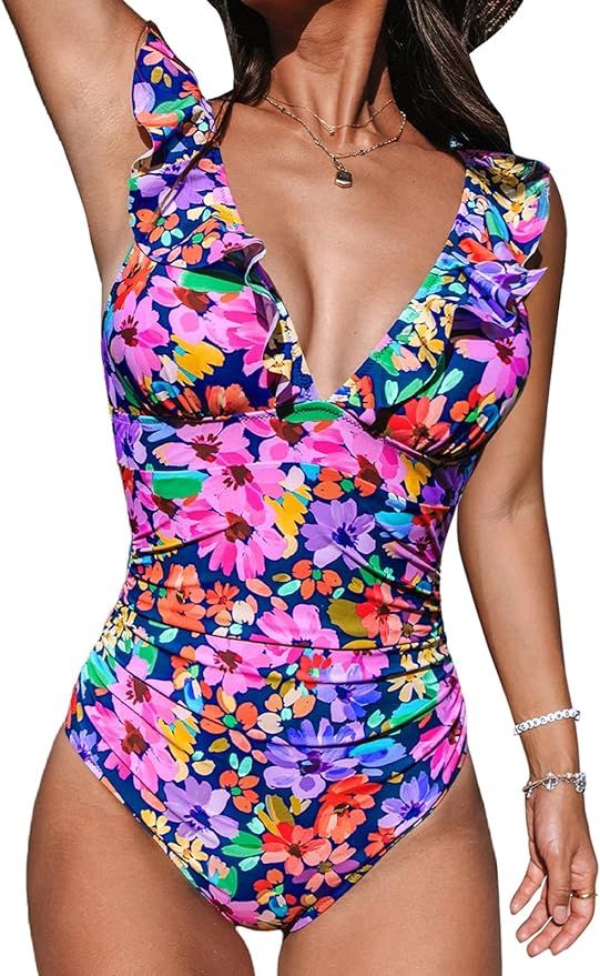 CUPSHE Women's Ruffled One Piece Swimsuit V Neck Lace Up | Amazon (US)