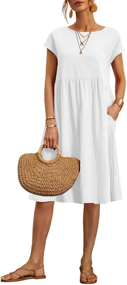 Akivide Women's Summer Cotton Linen Short Sleeve Dress Crew Neck Loose Casual Tunic Beach Dresses... | Amazon (US)