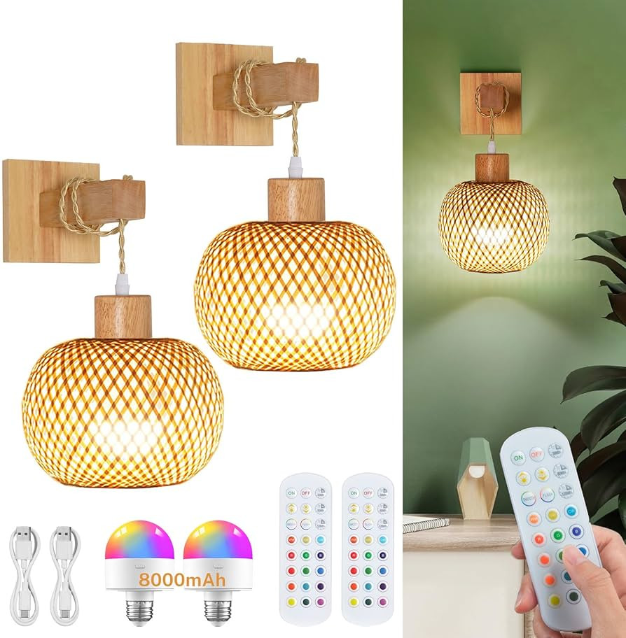 Juego de 2 apliques de pared a pilas con mando a distancia, apliques de pared bohemios recargable... | Amazon (US)