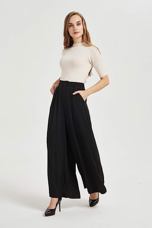 Tronjori Women High Waist Casual Wide Leg Long Palazzo Pants Trousers Regular Size | Amazon (US)