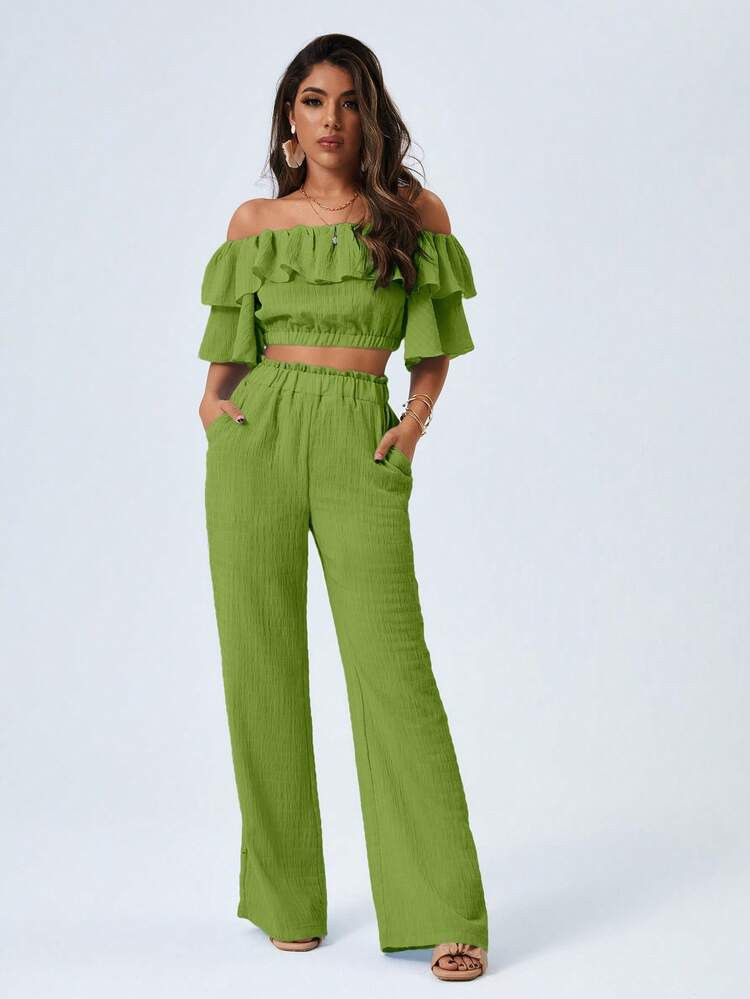 SHEIN Off Shoulder Ruffle Trim Top & Pants
       
              
              $25.99        
  ... | SHEIN