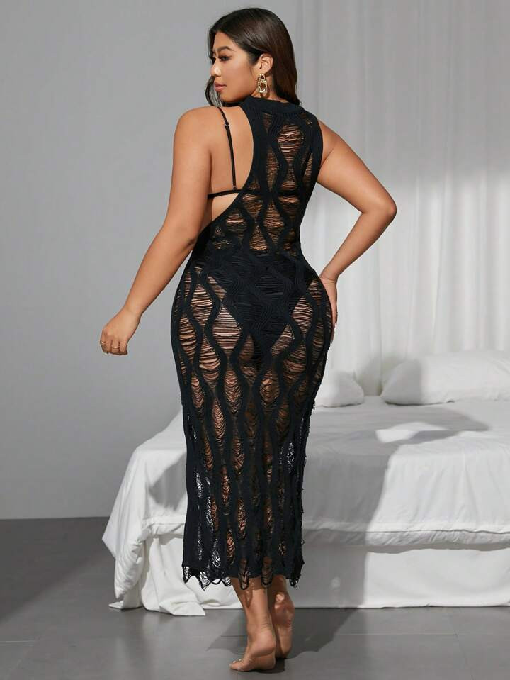 SHEIN Swim Curve Plus Size Women's Solid Color Summer Beach Cover Up Dress, Sexy Hollow Floral Knitted Asymmetrical Long Maxi Turtleneck Cover Up, Vacation | SHEIN
