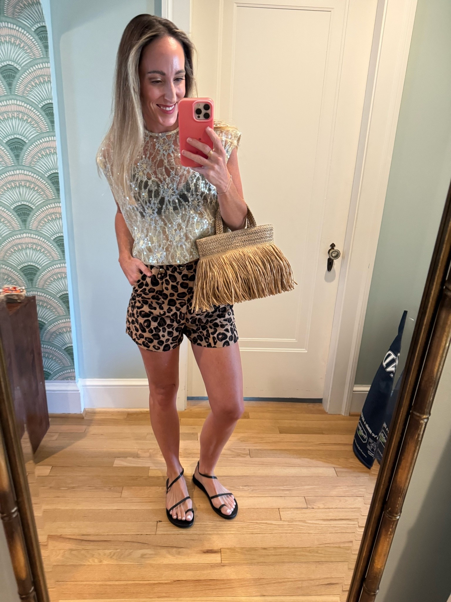 Easy summer outfit | leopard shorts / strappy black sandals | sparkly shirt | vrg grl sparkle shirt | raffia purse

#LTKdayinmylife #LTKootd #LTKTravel