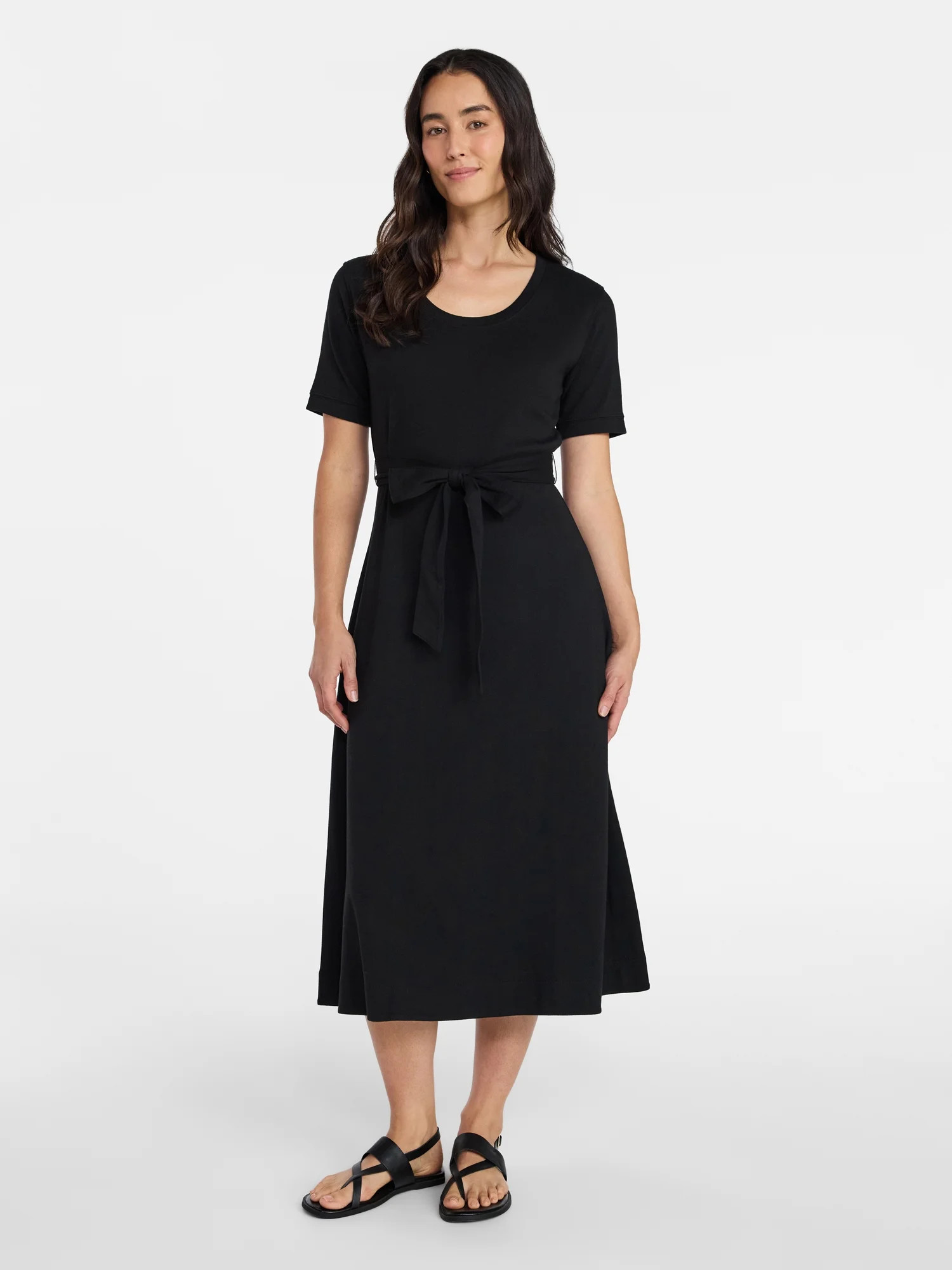 Time and Tru Women's Cotton Tie Front Midi Dress with Short Sleeves, Sizes XS-XXXL - Walmart.com | Walmart (US)