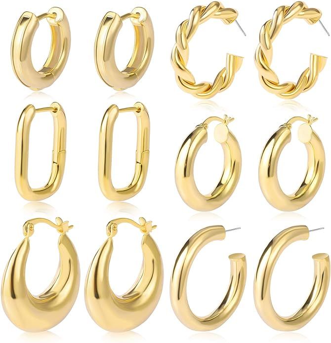 1-6 Pairs Gold Chunky Hoop Earrings Set for Women Hypoallergenic Thick Open Twisted Huggie Hoop J... | Amazon (US)