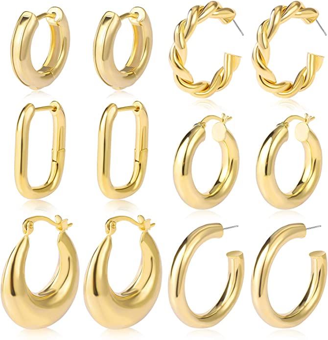 Amazon.com: 6 Pairs Gold Chunky Hoop Earrings Set for Women Hypoallergenic Thick Open Twisted Hug... | Amazon (US)