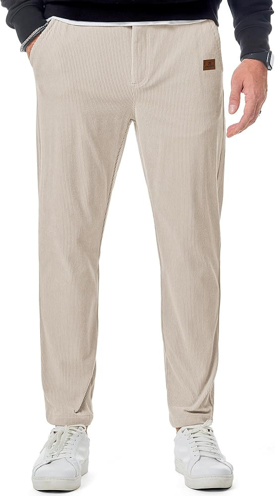 JMIERR Mens Casual Corduroy Pants Flat Front Elastic Waistband Stretch Straight Leg Slim Fit Dres... | Amazon (US)