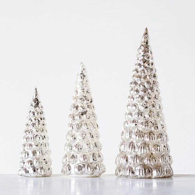 One Holiday Way Set of 3 (8.5", 6.25", 5") Embossed Silver Mercury Glass Christmas Trees for Tabl... | Amazon (US)