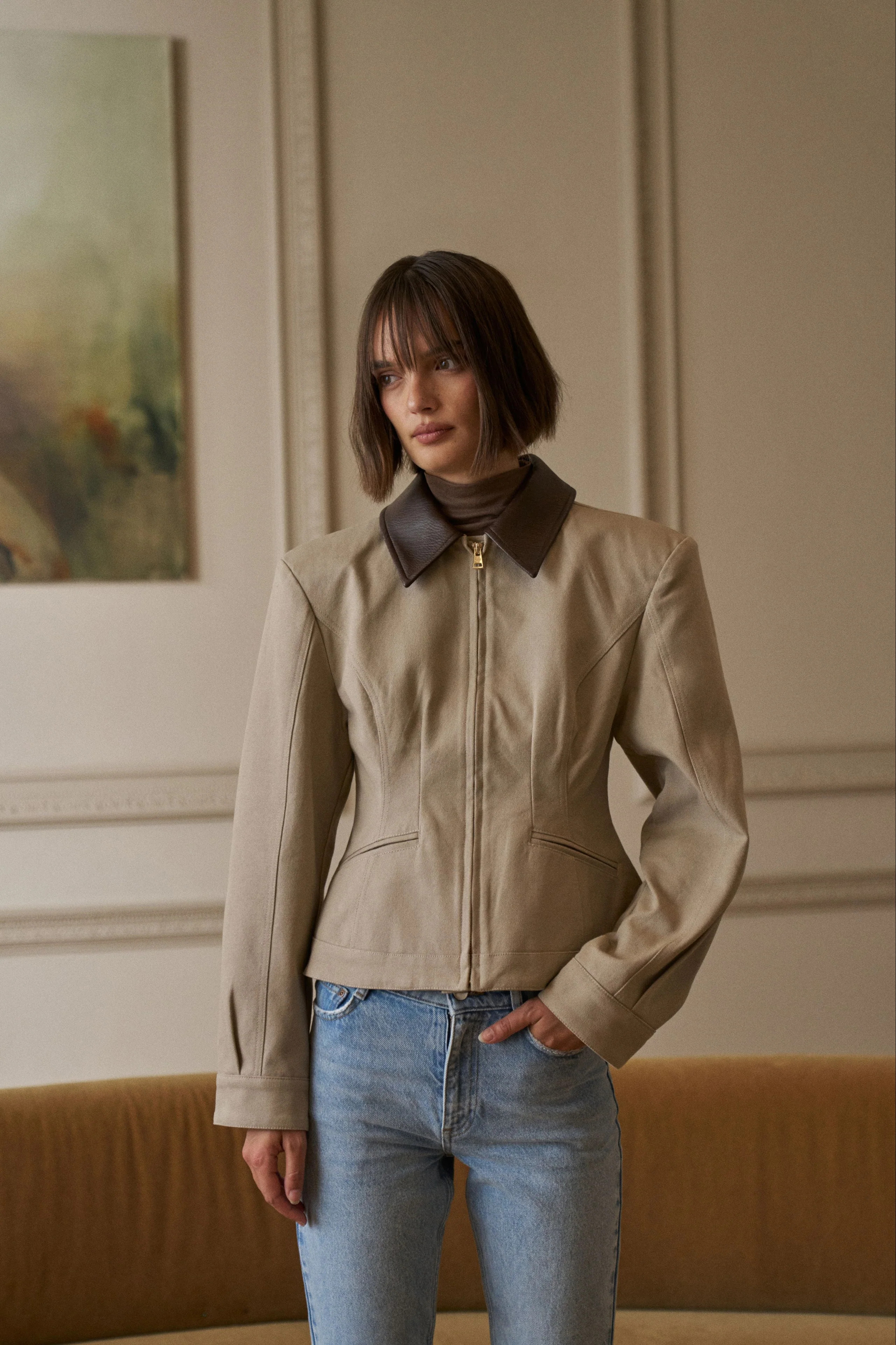 CONTRAST COLLAR CINCHED WAIST JACKET - BEIGE | The Couture Club