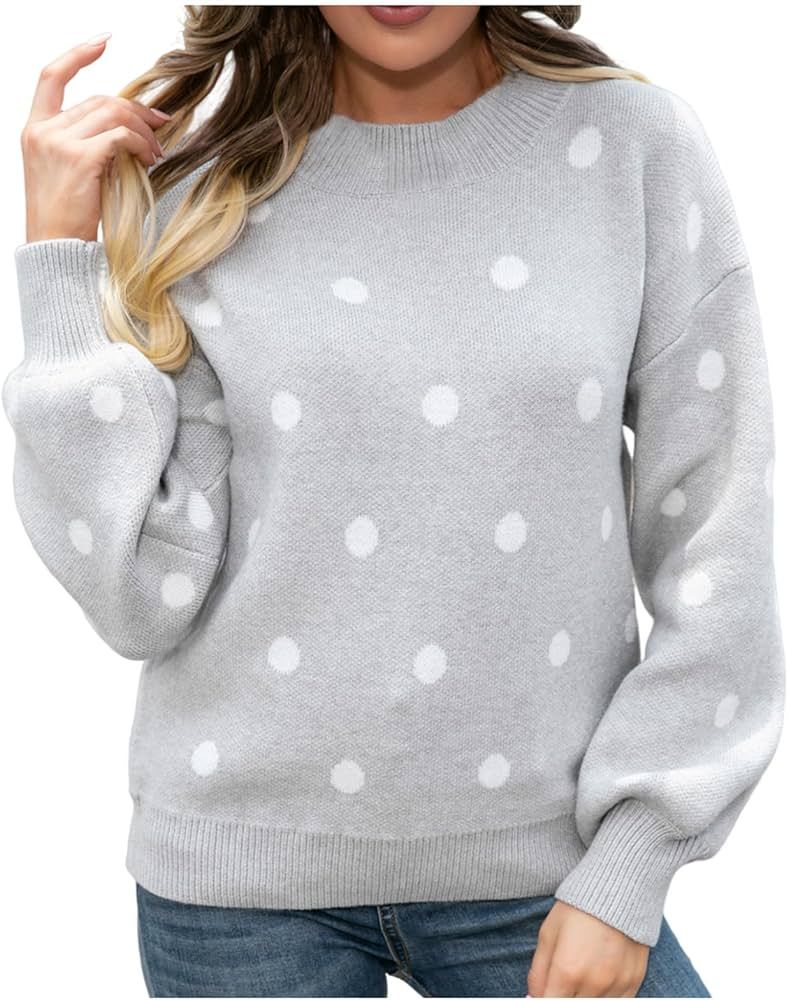 Women Polka Dot Long Sleeve Sweaters Cute Fuzzy Knit Pullover Top Fall Trendy Crewneck Sweater Lo... | Amazon (US)